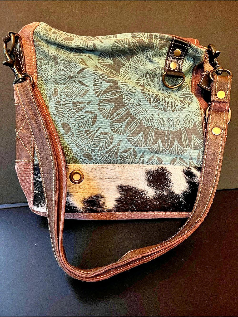 Myra Bag Verdant Shoulder Bag Floral Cowhide Brown & teal